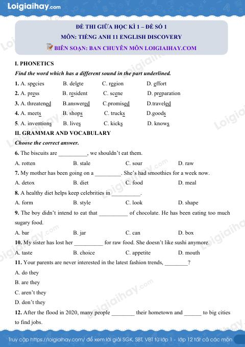 Đề thi giữa kì 1 Tiếng Anh 11 English Discovery - Đề số 1